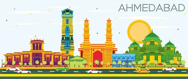 Ahmedabad manzarası renkli binalar ve mavi gökyüzü ile. — Stok Vektör