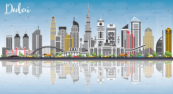 Skyline Dubai Emirati Arabi Uniti con edifici grigi, cielo blu e riflessioni . — Vettoriale Stock