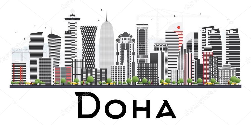 Doha Qatar Skyline with Gray Buildings Isolated on White Backgro