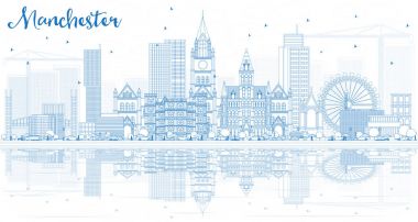 Anahat Manchester manzarası ile mavi binalar ve yansımalar.