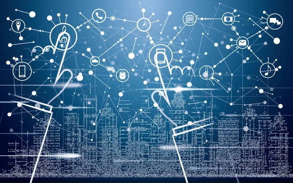 Smart City avec bâtiments au néon, réseaux et internet des objets — Image vectorielle