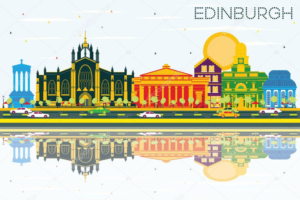 Edinburgh Scotland Skyline with Color Buildings, Blue Sky and Re