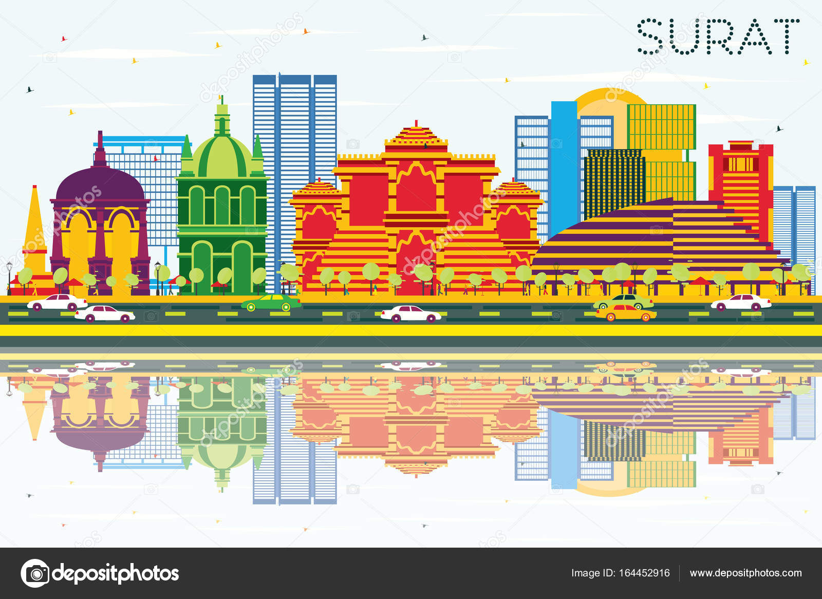 Surat Skyline with Color Buildings, Blue Sky and Reflections. Stock