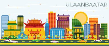 Ulaanbaatar manzarası renkli binalar ve mavi gökyüzü ile.