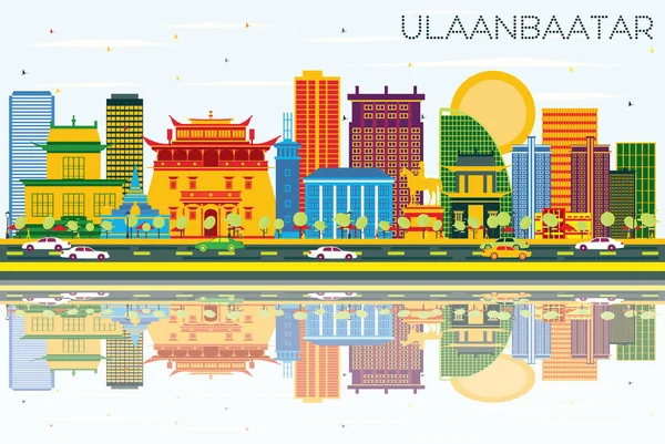 Ulaanbaatar manzarası renkli binalar, mavi gökyüzü ile Reflectio