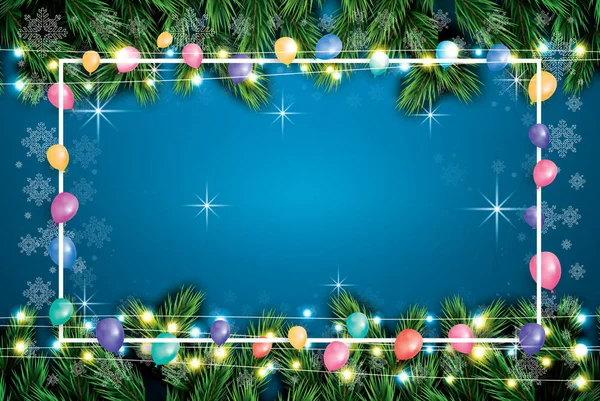 Tarjeta de felicitación de Navidad con globos, marco blanco, guirnalda de neón — Vector de stock