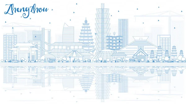 Obrys Zhengzhou Čína panoráma s modrou budov a Reflecti — Stockový vektor