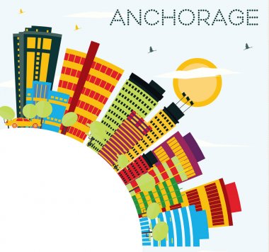 Anchorage manzarası renkli binalar, mavi gökyüzü ve kopya alanı.