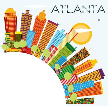 Atlanta manzarası renkli binalar, mavi gökyüzü ve kopya alanı.