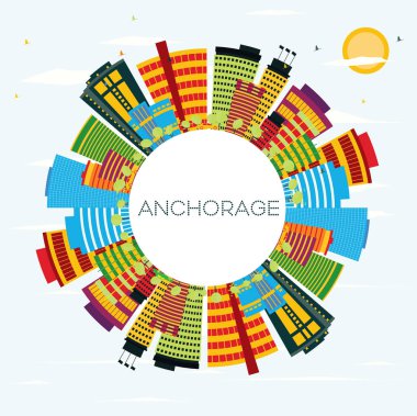 Anchorage manzarası renkli binalar, mavi gökyüzü ve kopya alanı.