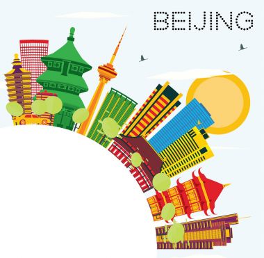 Beijing manzarası renkli binalar, mavi gökyüzü ve kopya alanı.