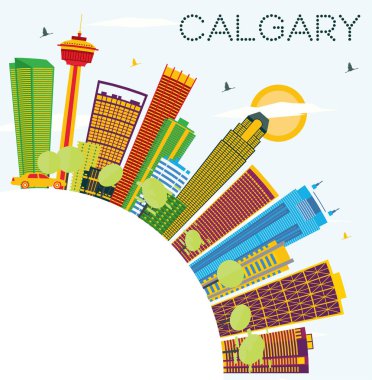 Calgary manzarası renkli binalar, mavi gökyüzü ve kopya alanı.