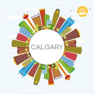 Calgary manzarası renkli binalar, mavi gökyüzü ve kopya alanı.