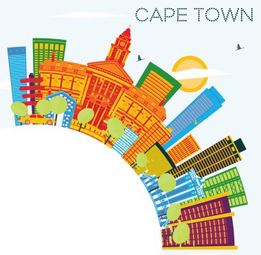 Cape Town manzarası renkli binalar, mavi gökyüzü ve kopya alanı.