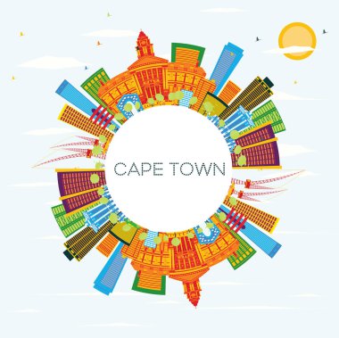 Cape Town manzarası renkli binalar, mavi gökyüzü ve kopya alanı.
