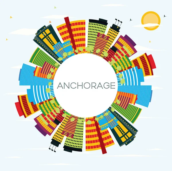 Anchorage manzarası renkli binalar, mavi gökyüzü ve kopya alanı.