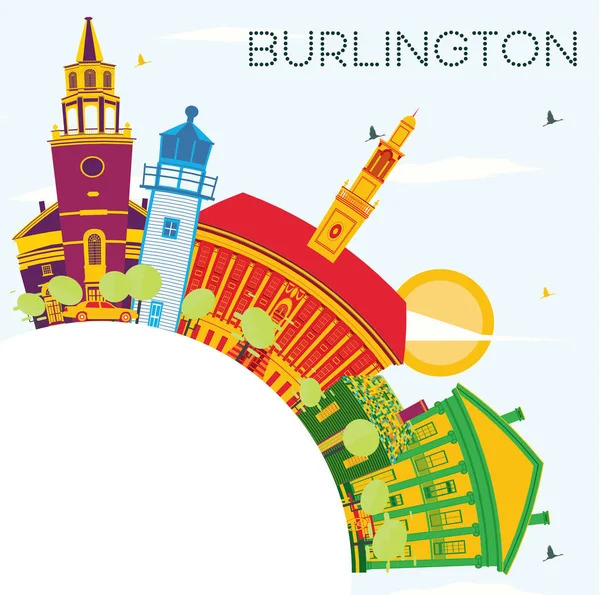 Burlington Skyline con edificios a color, cielo azul y espacio de copia — Vector de stock