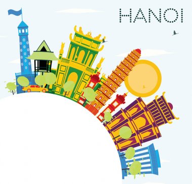Hanoi manzarası renkli binalar, mavi gökyüzü ve kopya alanı.