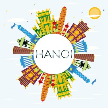 Hanoi manzarası renkli binalar, mavi gökyüzü ve kopya alanı.