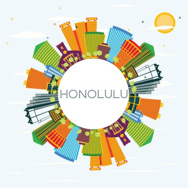 Honolulu manzarası renkli binalar, mavi gökyüzü ve kopya alanı.