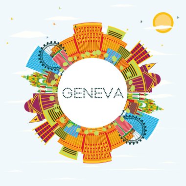 Geneva manzarası renkli binalar, mavi gökyüzü ve kopya alanı.