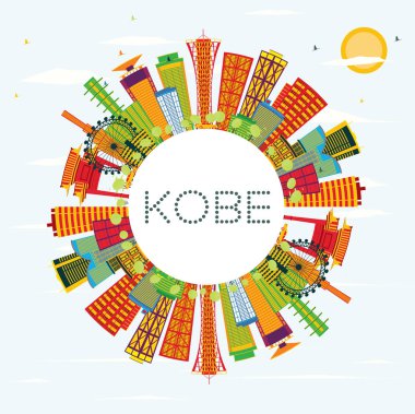Kobe manzarası renkli binalar, mavi gökyüzü ve kopya alanı.