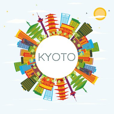 Kyoto manzarası renkli binalar, mavi gökyüzü ve kopya alanı.