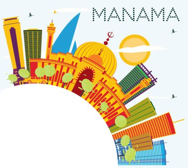 Manama manzarası renkli binalar, mavi gökyüzü ve kopya alanı.