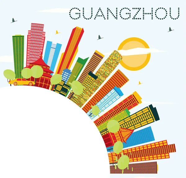 Guangzhou Panorama s barevné budovy, modrá obloha a kopírovat prostor. — Stockový vektor