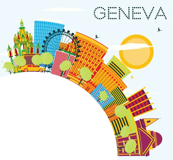 Ligne d'horizon de Genève avec bâtiments couleur, ciel bleu et espace de copie . — Image vectorielle