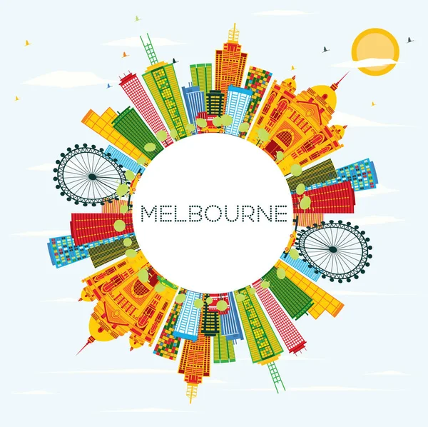 Melbourne manzarası renkli binalar, mavi gökyüzü ve kopya alanı. — Stok Vektör