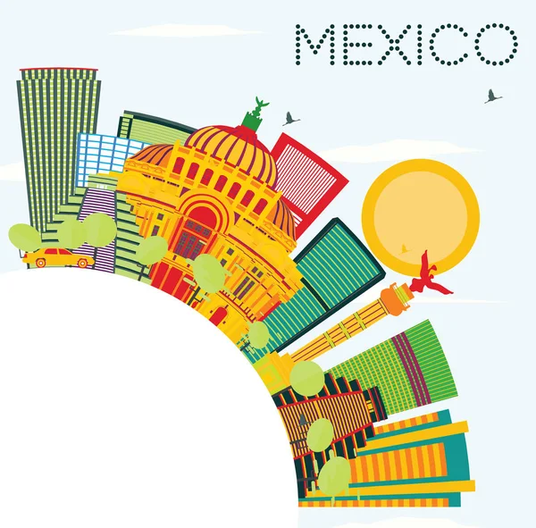 Mexico Skyline with Color Buildings, Blue Sky and Copy Space. - Stok Vektor