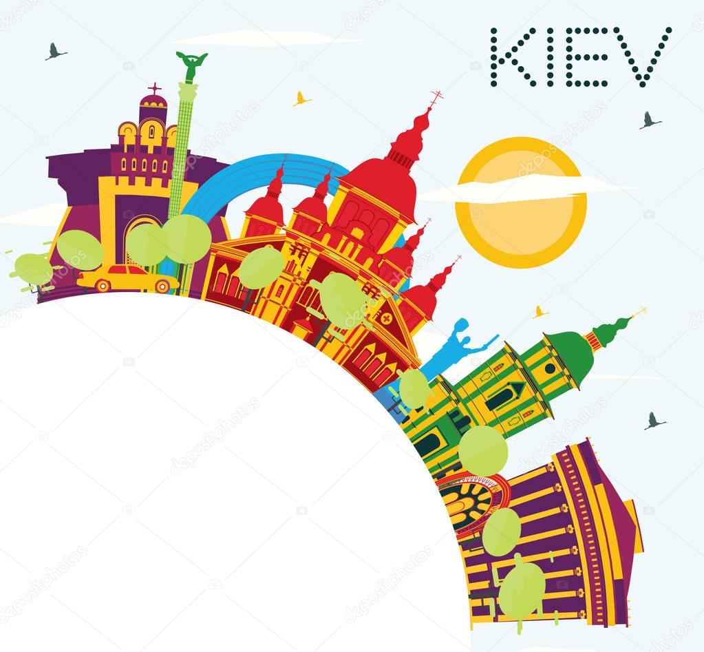 Kiev Skyline with Color Buildings, Blue Sky and Copy Space.