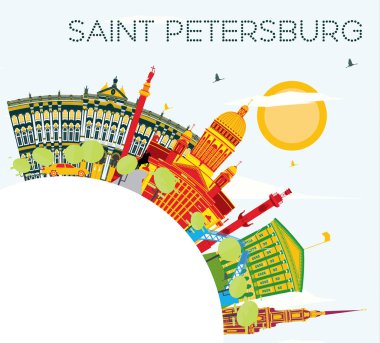 Saint Petersburg manzarası ile renk binalar, mavi gökyüzü ve kopya
