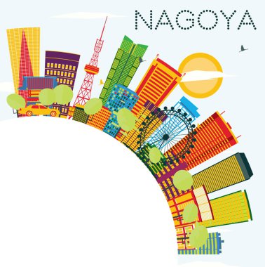 Nagoya manzarası renkli binalar, mavi gökyüzü ve kopya alanı.