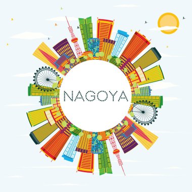 Nagoya manzarası renkli binalar, mavi gökyüzü ve kopya alanı.