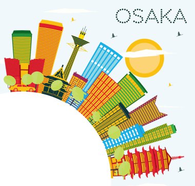 Osaka manzarası renkli binalar, mavi gökyüzü ve kopya alanı.