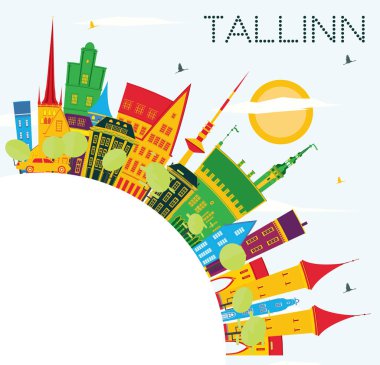 Tallinn manzarası renkli binalar, mavi gökyüzü ve kopya alanı.