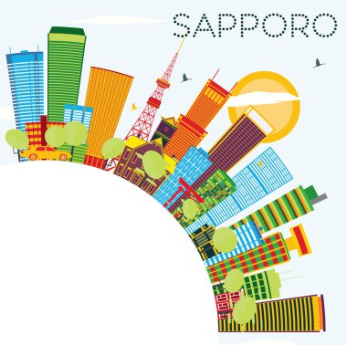 Sapporo manzarası renkli binalar, mavi gökyüzü ve kopya alanı.