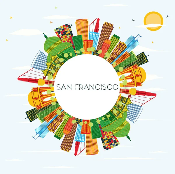 San Francisco Skyline mit farbigen Gebäuden, blauem Himmel und Kopie sp — Stockvektor