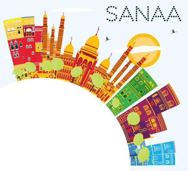 Sanaa (Jemen) Skyline med färg byggnader, blå himmel och kopia Sp — Stock vektor
