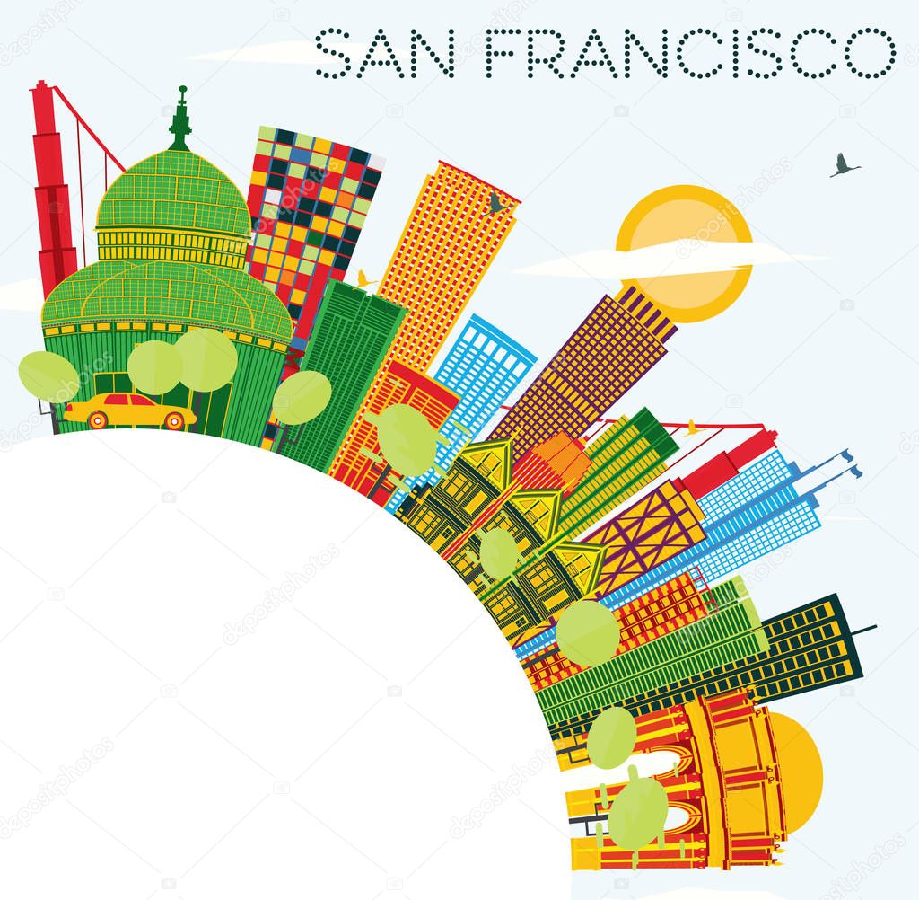 San Francisco Skyline with Color Buildings, Blue Sky and Copy Sp