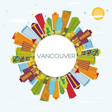 Vancouver manzarası renkli binalar, mavi gökyüzü ve kopya alanı.
