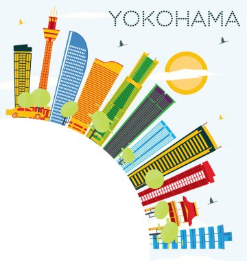 Yokohama manzarası renkli binalar, mavi gökyüzü ve kopya alanı.