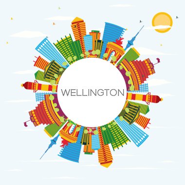 Wellington manzarası renkli binalar, mavi gökyüzü ve kopya alanı