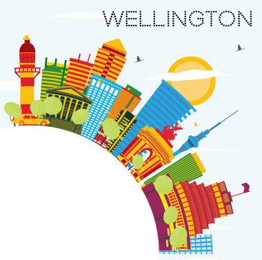 Wellington manzarası renkli binalar, mavi gökyüzü ve kopya alanı