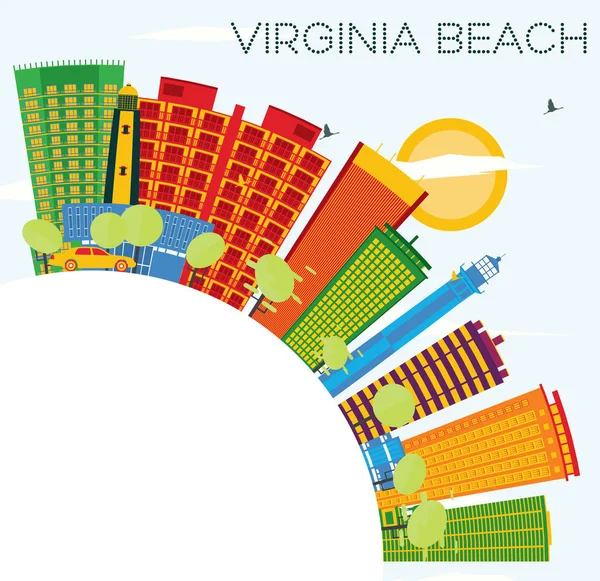 Virginia Beach Skyline avec bâtiments de couleur, ciel bleu et copie S — Image vectorielle