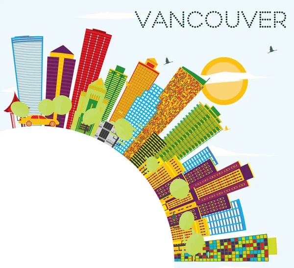 Panoráma Vancouveru s barevné budovy, modrá obloha a kopírovat prostor. — Stockový vektor