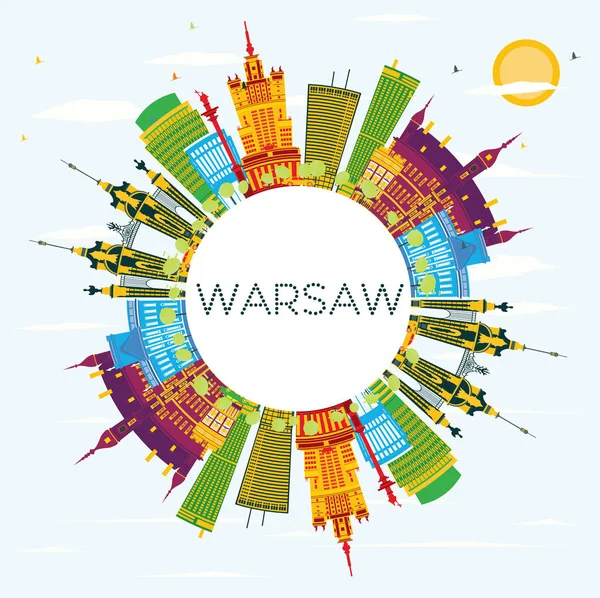 Warsaw Skyline with Color Buildings, Blue Sky and Copy Space. — Stock Vector
