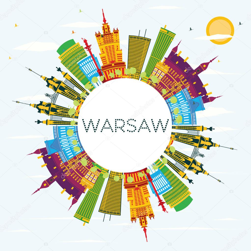 Warsaw Skyline with Color Buildings, Blue Sky and Copy Space.